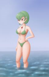 1girls bare_arms bare_back bare_legs bare_midriff bare_shoulders bare_thighs barefoot belly_button big_breasts bikini bikini_bottom bikini_top cleavage gardevoir green_bikini green_bikini_bottom green_bikini_top green_hair human midriff navel necklace pokémon_(species) pokemon pokemon_(species) pokemon_rse pokemon_ss red_eyes red_gem red_necklace red_neckwear thick_thighs