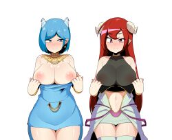 2girls blue_eyes blue_hair didi_(she's_gon) female female_only highres lily_(she's_gon) multiple_girls non-web_source open_clothes red_eyes red_hair she's_gon shy