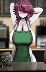 1boy 1girls abs apron armpits arms_up astraea_(atelierastraea) barely_clothed barista blush clothed_female_nude_male embarrassed eye_contact female genshin_impact grey_body hand_on_head huge_breasts iced_latte_with_breast_milk meme pale-skinned_female pale_skin purple_hair rosaria_(genshin_impact) short_hair sideboob solo starbucks thick_thighs voluptuous yellow_eyes