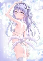 1girls amiya_aranha_(vtuber) blush bra eyebrows_visible_through_hair female female_only hair_ornament headdress indie_virtual_youtuber light-skinned_female light_skin lingerie lis__111_(lisn) looking_at_viewer monster_girl panties purple_hair small_breasts solo spider_girl spider_legs tsunderia virtual_youtuber white_bra white_panties