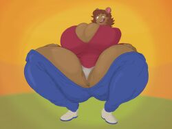 aardvark anthro arthur_(series) big_breasts bottomwear breasts brown_hair cleavage clothed clothing crouching daiidalus denim denim_clothing female footwear hair hi_res huge_breasts huge_thighs jane_read jeans mammal maybestuff panties pants shoes smile solo spread_legs spreading tan_body thick_thighs underwear vhsdaii