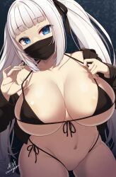 1girls bikini black_bikini blue_eyes breasts female front-tie_bikini front-tie_top hips huge_breasts light-skinned_female light_skin mask massive_breasts oc original_character samegami side-tie_bikini side-tie_bikini_bottom thick_thighs thighs twintails white_hair wide_hips