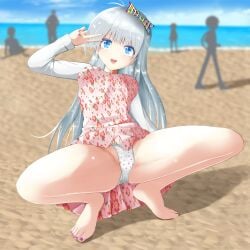 absurdres bare_legs barefoot beach blue_eyes breasts cloud dress female hair_ribbon heart heart_panties heart_print highres large_breasts long_hair long_sleeves oerba_yun_fang original outdoors panties print_panties ren_(diamondlibrary) ribbon shiny shiny_hair shiny_skin sky smile spread_legs thighs underwear white_panties