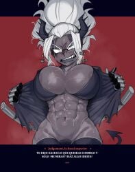 abs areola areola_slip areolae athletic_female border dark-skinned_female dark_skin demon edit grey_body grey_skin helltaker horns huge_breasts judgement_(helltaker) krekk0v muscular_female non-euclidean_border six_pack spanish_text steam sweat sweating tearing_clothes text torn_clothes torn_clothing wardrobe_malfunction white_eyes white_hair