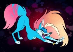 1girls big_breasts blue_fur doggy_style furry furry_tail jayjay_(zoophobia) long_hair naked stretching vivziepop zoophobia