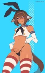 androgyne_symbol animal_ears blue_eyes brown_hair cat_ears cosplay dark_body dark_skin femboy genitals girly glans highres humanoid humanoid_genitalia humanoid_penis inner_ear_fluff kantai_collection male male_only mammal mars_symbol matemi original oskar_(coffee.png) penis shimakaze_(kantai_collection) shimakaze_(kantai_collection)_(cosplay) solo testicles tongue tongue_out tuft