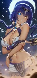 1girls blue_eyes blue_hair breasts brown-skinned_female brown_skin candace_(genshin_impact) cleavage dark-skinned_female dark_skin egyptian egyptian_clothes egyptian_female female female_only fukuro_ko_(greentea) genshin_impact heterochromia hi_res jewelry looking_at_viewer midriff mihoyo nail_polish navel smile twintails yellow_eyes