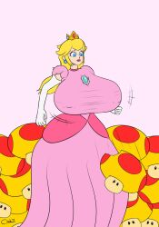 big_breasts blonde_hair breast_expansion breasts cocaarts crown dress female female_focus female_only gloves hyper hyper_breasts mario_(series) mega_mushroom mushroom nintendo nipples_visible_through_clothing pink_dress princess princess_peach red_lips solo solo_female super_mario_bros. tagme tall_female white_gloves yellow_hair