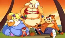 activision anthro belly breasts coco_bandicoot crash_(series) crash_bandicoot female female/female food fruit group male male/female overweight plant superspoe tawna_bandicoot trio video_games weight_gain wumpa_fruit