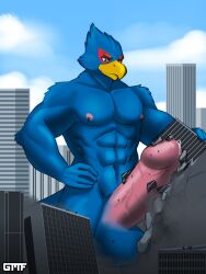 absurd_res anthro avian balls big_penis bird blue_body bodily_fluids building city crush destruction erection falco_lombardi gasmaskfox genital_fluids genitals hi_res macro male nintendo penis precum star_fox video_games worship