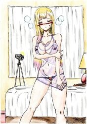 1girls bed bedroom blonde_female blonde_hair blush breasts camera color contact_lens female female_only gyaru half-dressed half_naked half_naked_female kitagawa_marin marin_kitagawa red_eyes see-through see-through_clothing solo solo_female sono_bisque_doll_wa_koi_wo_suru thewritefiction