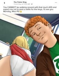 1boy 1girls alternate_universe ass ass_cheeks ass_focus back_view blonde_female blonde_hair butt_cheeks candid cape chalkboard classroom clothed clueless creepshot dc dc_comics english english_text female_humiliation female_teacher fisher_(dc) gan_(artist) ginger ginger_male humiliation imminent_disaster imminent_punishment karen_starr kryptonian large_ass leotard male male_pervert mature_female no_sex objectification older_female pervert perverted_smile photo power_girl public_humiliation revealing_clothes revealing_outfit selfie selfie_ass sexy_clothing sexy_teacher short_hair smile smiling smug smug_face smug_grin social_media student superhero_costume superheroine taking_picture taking_selfie teacher teacher_and_student text text_box unaware unaware_exhibitionist unintentional_exhibitionism white_leotard you_cannot_be_walking_around_with_that_much_ass_(meme) young younger_male