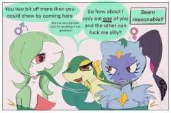 abashi_(globaldonut34) angry anthro bound comic dialogue digestion digital_media_(artwork) dominant dominant_female eira_(globaldonut34) english_text eyeshadow fatal_vore female female/female forced fur gardevoir generation_3_pokemon generation_5_pokemon generation_8_pokemon globaldonut34 group hi_res implied_permanent makeup male male/female nervous nintendo nude open_mouth oral_vore pokemon pokemon_(species) profanity simple_background size_difference smaller_pred sneasler snivy speech_bubble submissive text timid trapped trio unwilling_prey vore