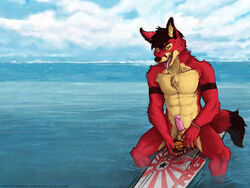 4:3 anthro canine chest_tuft decaf fox fur furry male male_only nude precum solo surfboard surfer taoren wallpaper