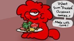 1_eye animated anthro blush bodily_fluids candy cookie cum cum_on_food cum_on_object dessert food food_creature genital_fluids gummy_(food) gummy_creature holding_object living_candy looking_at_viewer male nakeilyar objectophilia red_body seductive solo tail tail_motion text what wilt_(nakeilyar)