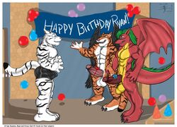 aaron_(artist) anthro balls big_balls bulge draco_delrith_azule feline fur furry furry_only gay hyper male penis ryan stripe_kazama surprised tiger white_tiger