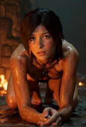 1girls accessory ai_assisted ai_generated artist_request brown_eyes brown_hair dirt dirty eyelashes feet female female_only fire lara_croft lara_croft_(survivor) messy naked natural_breasts necklace no_sex nude nude_female on_ground small_breasts solo source_request tomb_raider tomb_raider_(survivor)
