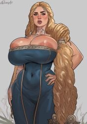 1girls alternate_version_available areola_slip big_breasts blonde_hair blue_dress blue_eyes breasts bubble_ass bubble_butt cleavage dress female female_focus female_only god_of_war god_of_war_ragnarok hand_on_hip hourglass_figure huge_breasts large_breasts large_butt light-skinned_female light_skin long_hair milf playstation rocner sif_(god_of_war) sony_interactive_entertainment tattoo very_long_hair wide_hips