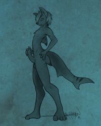 1boy anthro cat-shark dorsal_fin feline hybrid male male_only maou_(maou) marine nude penis piercing ruezyklon shark side_view solo standing tagme