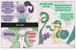 abashi_(globaldonut34) angry anthro betrayal bodily_fluids bound comic crying dialogue digestion digital_media_(artwork) disregard_of_life dominant dominant_female eira_(globaldonut34) english_text eyeshadow fatal_vore female female/female forced fur gardevoir generation_3_pokemon generation_5_pokemon generation_8_pokemon globaldonut34 group hi_res implied_permanent makeup male male/female nervous nintendo nude open_mouth oral_vore plant pokemon pokemon_(species) simple_background size_difference smaller_pred sneasler snivy speech_bubble submissive tears text timid trapped trio unwilling_prey vines vore yelling