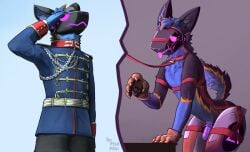 anthro belt blue_body blue_fur chastity_cage chastity_device clothed clothing collar duo fluffy fluffy_tail fur furry gesture gloves gradient_background grey_markings handwear harness hi_res leaning leaning_forward leash leash_pull leashed_collar machine male male_focus male_only markings neck_tuft paw_gloves pawpads pish_posh pose protogen protogen_armor protogen_visor red_harness salute simple_background small_waist tail tongue tongue_out tuft uniform watermark wide_hips yellow_markings