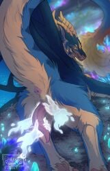 animal_genitalia anus aster_(dskid48) blue_body blue_fur brown_body brown_fur brown_horn disembodied_hand dragon endermoonfur erection feral fur furred_dragon furred_scalie genital_slit genitals ghost_hand hi_res horn insect_wings looking_at_viewer male mythological_creature mythological_scalie mythology pawpads penis pink_anus pink_pawpads pink_penis pink_tongue scalie solo tapering_penis tongue white_body white_fur wings