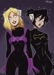 2girls alternate_version_available artist_name asian asian_female batgirl batgirl_(cassandra_cain) batgirl_(stephanie_brown) batman_(series) black_hair blonde_hair blue_eyes breasts cassandra_cain clothed clothed_female corruption costume dc dc_comics female female_only femsub forced_smile gloves happy_trance hero heroine heroine_in_trouble hips hourglass_figure hypnosis mind_control navel navel_visible_through_clothes nipple_bulge nipples polmanning simple_background stephanie_brown thick_thighs thighs toned toned_body toned_female wide_hips