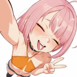 after_blowjob after_fellatio ahoge ai_assisted ai_generated androgynous animated biting_lip bobcut chocker cum cum_on_clothes cum_on_face cum_on_hair cum_on_hand drooling ejaculation emoji flat_chest freckles green_eyes halter_top light_pink_hair micro peace_sign pink_hair saliva selfie short_hair shorts snapchat snapchat_story sweat tagme talking_to_viewer video wink winking_at_viewer