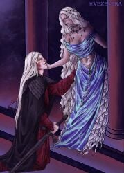 1boy 1boy1girl 1girls 2020s 2025 a_song_of_ice_and_fire albino big_breasts black_clothing blue_dress blue_eyes breasts breasts_visible_through_clothing brother_and_sister brynden_rivers curly_hair dress female game_of_thrones green_eyes half-siblings hand_on_face heterochromia holding_sword jewelry kneeling long_hair long_hair_male looking_at_another male male/female necklace nipples_visible_through_clothing older_brother older_brother_and_younger_sister pillar red_clothing red_eyes shiera_seastar siblings silver_hair smile straight_hair sword valyrian very_long_hair vezetera wavy_hair white_hair younger_sister