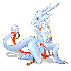 anthro bell bells dragon female neck_ruff nude pira ribbons scalie solo