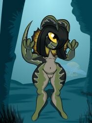 absurd_res anthro black_hair black_markings breasts claws dilophosaurid dilophosaurus dinosaur eyelashes female forest frill_(anatomy) generation_3_pokemon genitals green_body hair hi_res humanoid hybrid jurassic_park kirlia lindwormduality markings navel neck_frill night nintendo nipples nude orange_markings outside plant pokemon pokemon_(species) prehistoric_species reptile saurischian scalie sharp_teeth shortstack slightly_chubby slightly_chubby_female small_breasts smile solo tail tan_body teeth theropod thick_thighs tree universal_studios vulva yellow_eyes yellow_markings