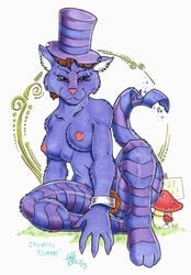 2003 alice_in_wonderland cheshire_cat drawn feline female hat loupgarou mushroom solo top_hat white_background