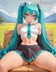 1futa 2025 ai_assisted ai_generated anime aqua_eyes aqua_hair artist_name beach black_skirt bulge cloud explicit futanari hatsune_miku hi_res high_quality high_resolution highres long_hair midriff miku_hatsune navel necktie outdoors patreon patreon_username penis sitting skirt sky solo stable_diffusion tsukoneko twintails very_long_hair vocaloid watermark