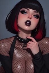 5_seconds_long ai_generated animated bangs bimbo black_hair black_lipstick blue_eyes bob_cut breasts bustybunz choker cleavage collar ear_piercing female fishnet_topwear fishnets goth goth_girl huge_breasts large_breasts lipstick looking_at_viewer no_sound piercings plump_lips pov purple_lipstick red_highlights seductive shiny_skin shorter_than_10_seconds simple_background slave_collar tagme video vikki_noir