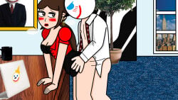 1boy 1girl absurd_res bent_over black_shirt blair_(iceprincess) blush blush_stickers bottomless breasts brown_eyes brown_hair cleavage clothed clothed_sex clothes_lift computer cup digital_media_(artwork) dress earrings faceless faceless_male female iceprincess_(artist) indoors jack_box jack_in_the_box jacket jewelry laptop lipstick long_hair makeup male mascot medium_breasts mug necktie object_head open_clothes open_shirt painting_(object) plant ponytail puffy_short_sleeves puffy_sleeves red_lips red_shirt sex short_sleeves skirt skirt_lift standing standing_sex table taken_from_behind what white_shirt window