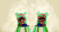 animal_crossing anthro bodily_fluids brown_body brown_fur bubble canid canine duo foaming_at_mouth froggy_chair fur hi_res male mammal musk nintendo ota_(artist) raccoon_dog sitting snot snot_bubble sweat sweat_string tanuki timmy_nook tommy_nook