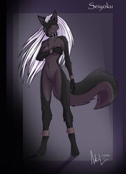 anthro breasts canine chest_tuft collar covering_breasts defensive female fur furry hair nude pussy seiyoku shackles solo tsukikage white_hair wolf yellow_eyes