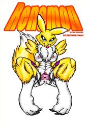 anthro anus breasts canine chest_tuft clitoris cute dennis_pawers digimon digitigrade female fox fur furry presenting pussy pussy_juice renamon sitting solo spread_legs spreading tongue wide_hips