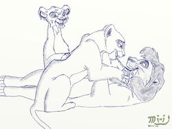 2008 brother_and_sister disney feline female female_feral feral incest kiara kovu lion lioness male mirri mirricat monochrome sketch snowballing the_lion_king the_lion_king_ii:_simba's_pride threesome vitani