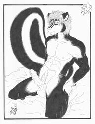 1boy 2006 bakusukonku balls duo_(character) erection furry glans male male_only monochrome nipples penis sheath skunk solo