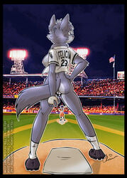 2008 anthro ass back baseball bottomless canine chelsey_a._rockwell cherushi crowd dimples_of_venus female fox furry original_character pitcher solo sport stadium topless uniform vulva wide_hips wide_stance wolf