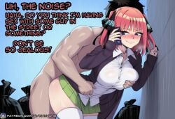 1boy 1boy1girl 1girl 1girl1boy 1girls ai_assisted ai_generated black_cardigan black_ribbon blue_eyes blue_nails blunt_bangs blush breasts butterfly_hair_ornament cardigan cellphone cheating closed_mouth clothed_female_nude_male collared_shirt cuckold cuckolding english_text forced go-toubun_no_hanayome grabbing_another's_breast grabbing_from_behind gradient_nails green_skirt groping hair_ornament hair_ribbon hetero holding holding_phone large_breasts long_sleeves multicolored_nails nail_polish nakano_nino nay_juno netorare ntr nude open_cardigan open_clothes outdoors patreon_username penetrating_pussy penetration penetration_from_behind phone pink_hair pink_nails ribbon school_uniform sex sex_from_behind sexy sexy_pose shirt short_hair skirt sleeves_past_wrists smile standing standing_sex text thighhighs trash_bag two_side_up violation web_address white_shirt white_thighhighs