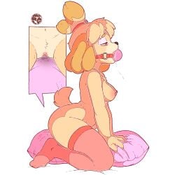 1:1 1girls absurd_res animal_crossing anthro areola ball_gag big_breasts bodily_fluids bondage bound breasts canid canine canis close-up clothing comic_panel digital_media_(artwork) domestic_dog eyeshadow female fur gag gagged genitals grinding hair hi_res isabelle_(animal_crossing) legwear makeup mammal masturbation nintendo nipples nude pillow pillow_humping restraints saliva sharalythesheep shih_tzu simple_background solo stockings submissive tail thick_thighs toy_dog vulva yellow_body yellow_fur