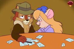 anthro bedroom_eyes bite biting_lip biting_own_lip blue_eyes blush brown_body chip_'n_dale_rescue_rangers chip_(disney) chipmunk clothed clothing coat digital_media_(artwork) disney duo eyewear eyewear_on_head female fur furniture gadget_hackwrench goggles goggles_on_head ground_squirrel hair hat headgear headwear hi_res implied_handjob ladycherrybomba looking_at_another looking_pleasured male male/female mammal mouse murid murine narrowed_eyes open_mouth overalls paper pen rodent sciurid seductive self_bite simple_background sitting smile squirrel table teeth topwear writing_utensil