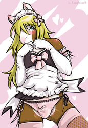 2008 blush bulge crossdressing equine girly hair headband lucah maid maid_uniform male male_only panties ribbons side-tie_panties solo underwear yellow_hair