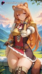 1girls 2025 ai_assisted ai_generated animal_ears anime artist_name blue_sky boots brown_hair clothes_lift cloud dress explicit hi_res high_quality high_resolution highres lifted_by_self long_hair looking_at_viewer outdoors patreon patreon_username raccoon_ears raccoon_girl raccoon_tail raphtalia sky skypassion smile solo stable_diffusion tail tate_no_yuusha_no_nariagari the_rising_of_the_shield_hero thighhighs watermark