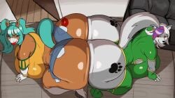 1boy 2d 2girls all_fours animated anthro anus ass_sandwich ass_smothering ass_to_ass between_ass between_butts booty_shorts bouncing_ass brazilian_miku_(cosplay) female femdom fiona_maray flait head_between_ass head_between_butts high_resolution horse_girl huge_ass male mp4 no_sound oc original original_character poorly_tagged purgy smothering smothering_ass tagme tail threesome video