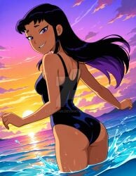 2025 ai_generated ass_to_viewer beach_background black_dot_eyes blackfire butt_to_viewer buttocks cartoon_network deviantart elryusam female female_only grinning_at_viewer long_hair_female looking_at_viewer open_mouth_smile purple_eyebrows purple_eyes_female purple_hair_female purple_swimsuit sea_background smile_at_viewer smiling_at_viewer solo splashing_water sunset_background teen_titans teeth_showing teeth_visible warner_bros._animation wet_ass wet_body wet_butt wet_legs