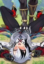 ai_generated anthro arlecchino_(genshin_impact) blush blushing blushing_female breasts dark-skinned_male defeated defeated_female denki_anma duo female genshin_impact high_heels hilichurls_(species) hoyoverse humiliated humiliating leaking_pussy_juice lying_on_ground male mature_female mature_woman mihoyo monster monster_on_female squirt squirting squirting_in_bottomwear squirting_through_clothes starts_to_like_it stepped_on stepping_on_female stepping_on_pussy tongue_out two_tone_hair