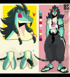 anthro bacon bacon_(bacon_sama) bacon_sama big_feet big_penis blep bottomwear braided_pigtails clothing facial_hair feet flip_flops food footwear gay gay_male gecko genitals goatee hair hands_in_both_pockets heart_symbol hi_res image_bubble lizard long_hair looking_at_viewer male meat model_sheet muscular muscular_male oversized_bottomwear oversized_clothing oversized_pants pants penis pubes reptile sandals scalie shirt shoes slit_penis smile smiling_at_viewer solo squigglevision tank_top text text_on_clothing text_on_topwear throbbing throbbing_penis tongue tongue_out topwear yaoi